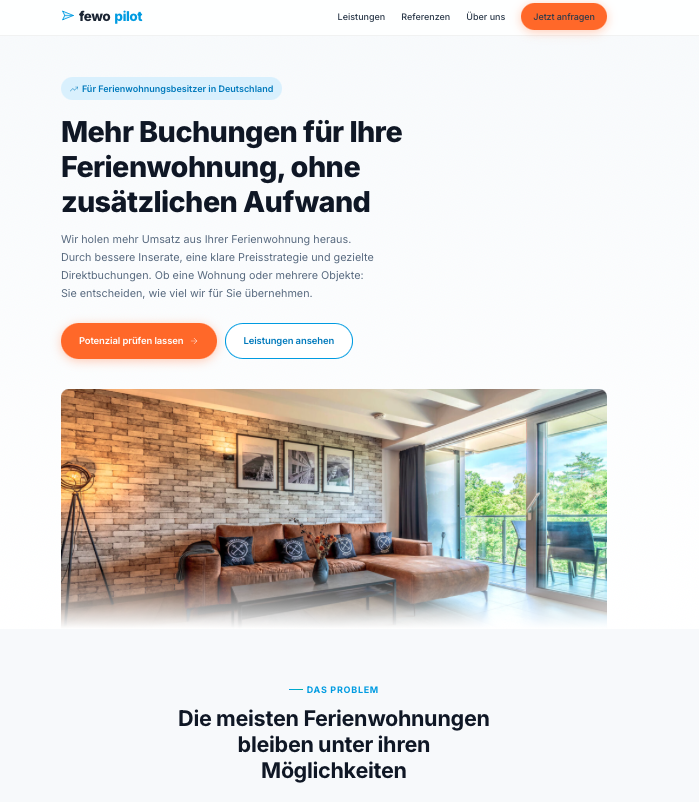 Screenshot der Website fewo-pilot.de – Ferienwohnungsvermittlung in Deutschland