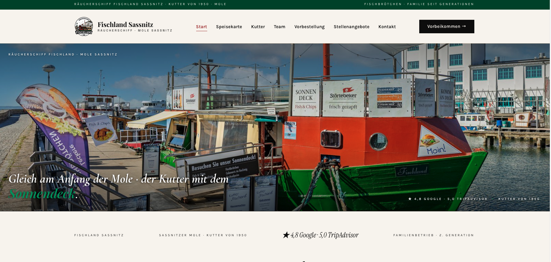 Screenshot der Website fischlandsassnitz.de – Fischrestaurant in Sassnitz auf Rügen